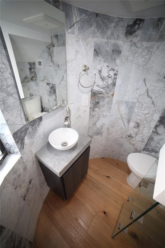 Bathroom, Interior, Marble Walls, Wood Texture Flooring