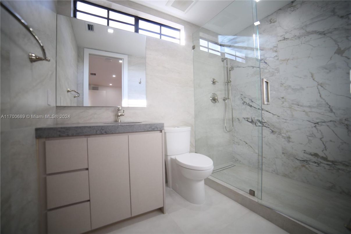 Bathroom, Glass Shower, Interior, Marble Walls, Recessed Lighting