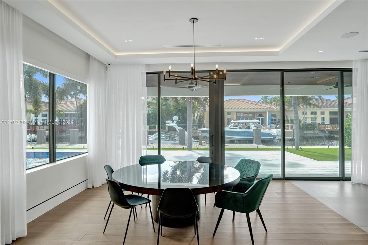 Dining room, Interior, Pendant Lights, Recessed Lighting, Wood Texture Flooring