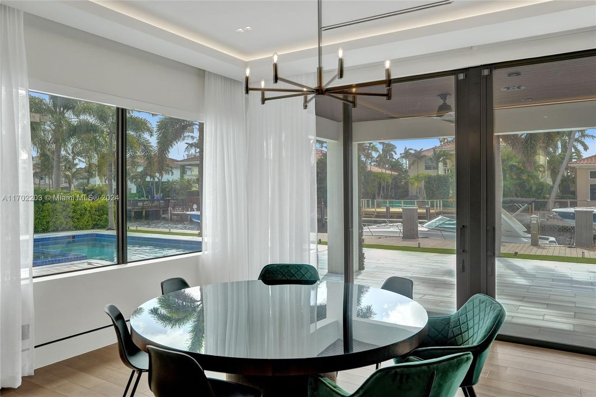 Dining room, Interior, Pendant Lights, Wood Texture Flooring