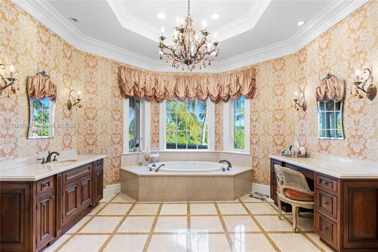 Bathroom, Chandelier, Dual Sink Vanities, Interior, Recessed Lighting