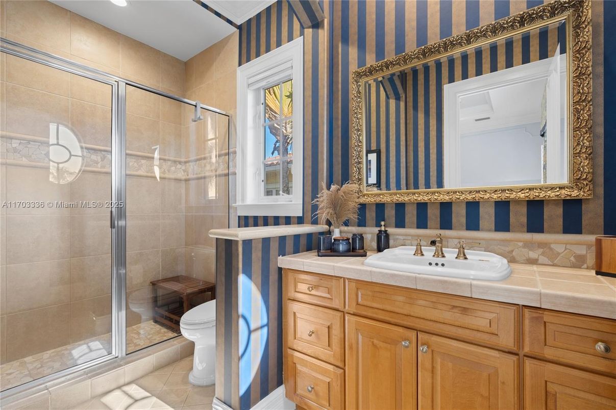 Bathroom, Glass Shower, Interior, Recessed Lighting, Tile Countertops
