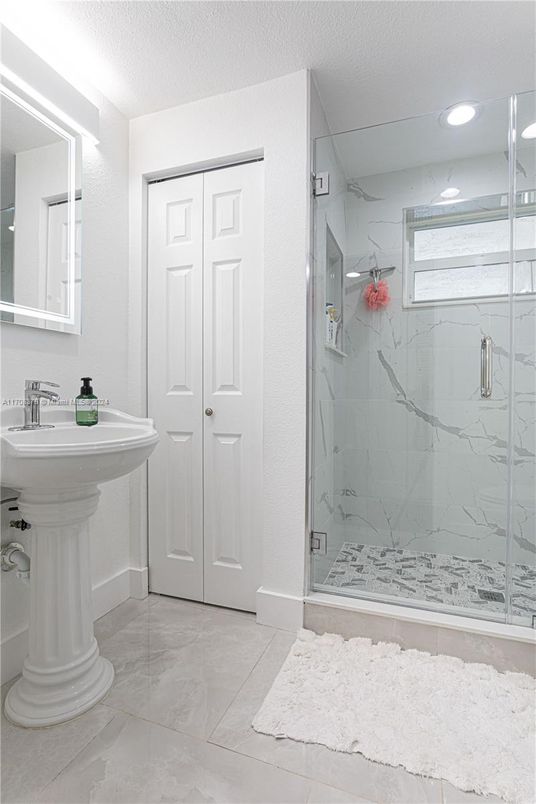 Bathroom, Glass Shower, Interior, Marble Walls, Recessed Lighting
