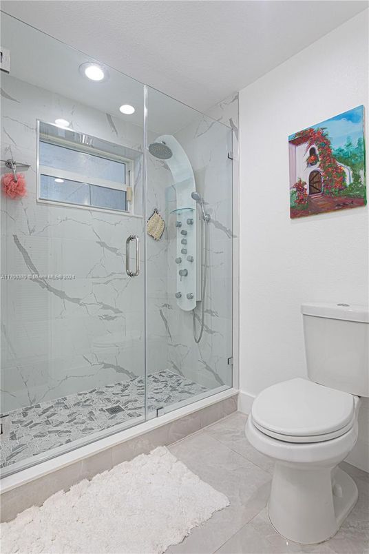 Bathroom, Glass Shower, Interior, Marble Walls, Recessed Lighting