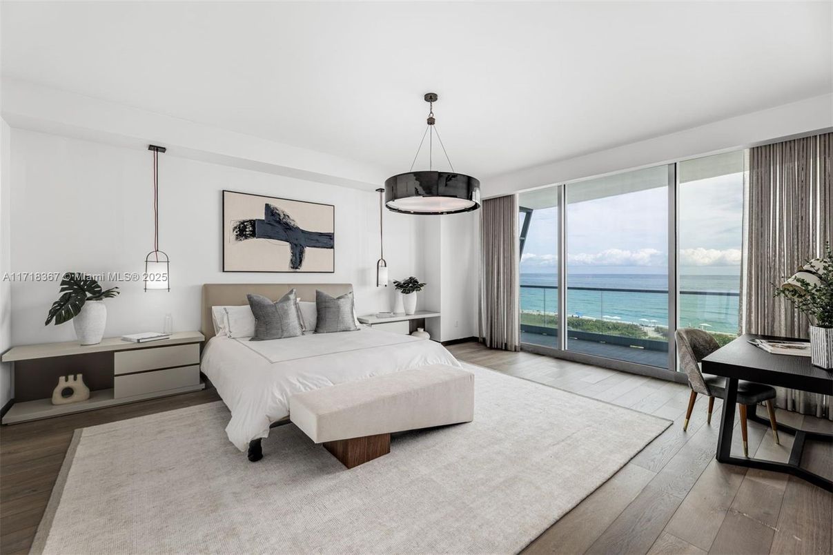Bedroom, Interior, Pendant Lights, Water, Wood Texture Flooring