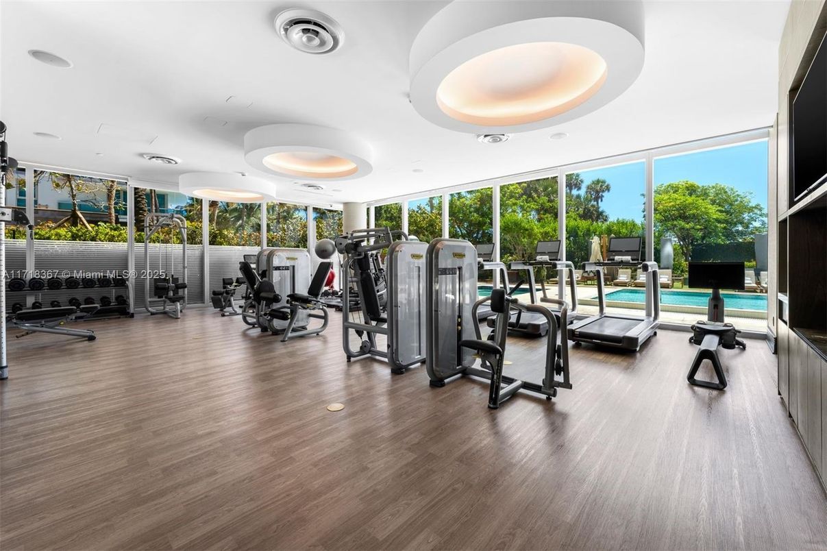 Fitness Equipment, Gym, Interior, Recessed Lighting, Wood Texture Flooring