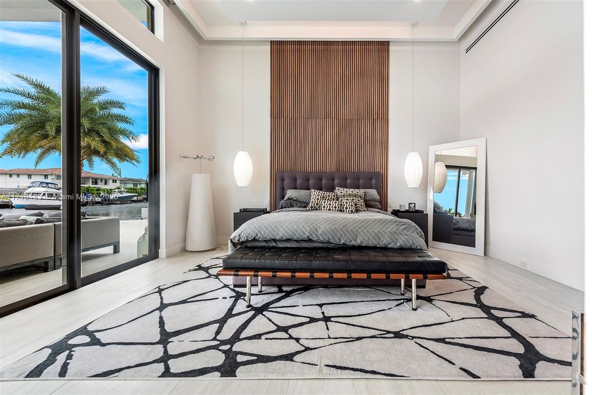 Bedroom, Interior, Pendant Lights, Recessed Lighting, Wood Texture Flooring