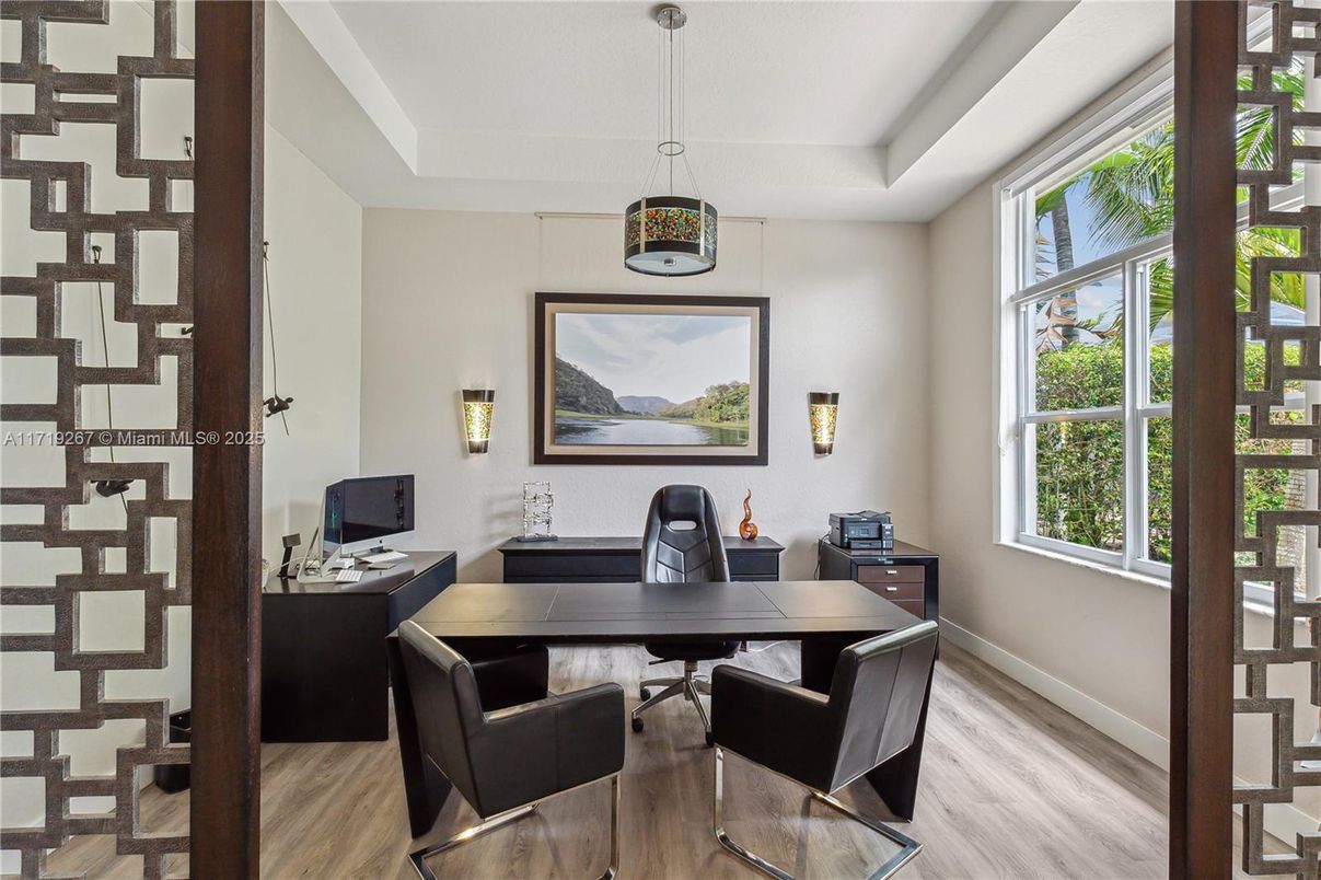 Home Office, Interior, Pendant Lights, Wood Texture Flooring