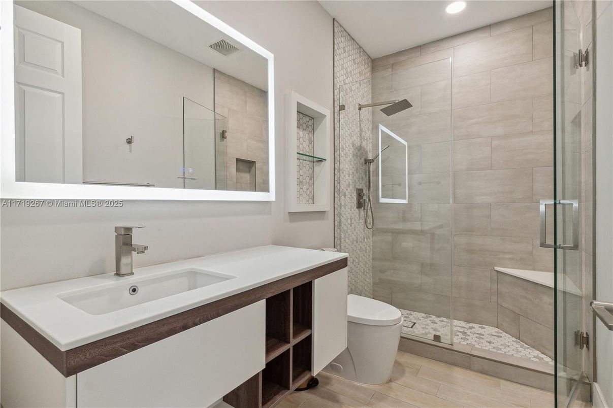 Bathroom, Glass Shower, Interior, Recessed Lighting, Wood Texture Flooring