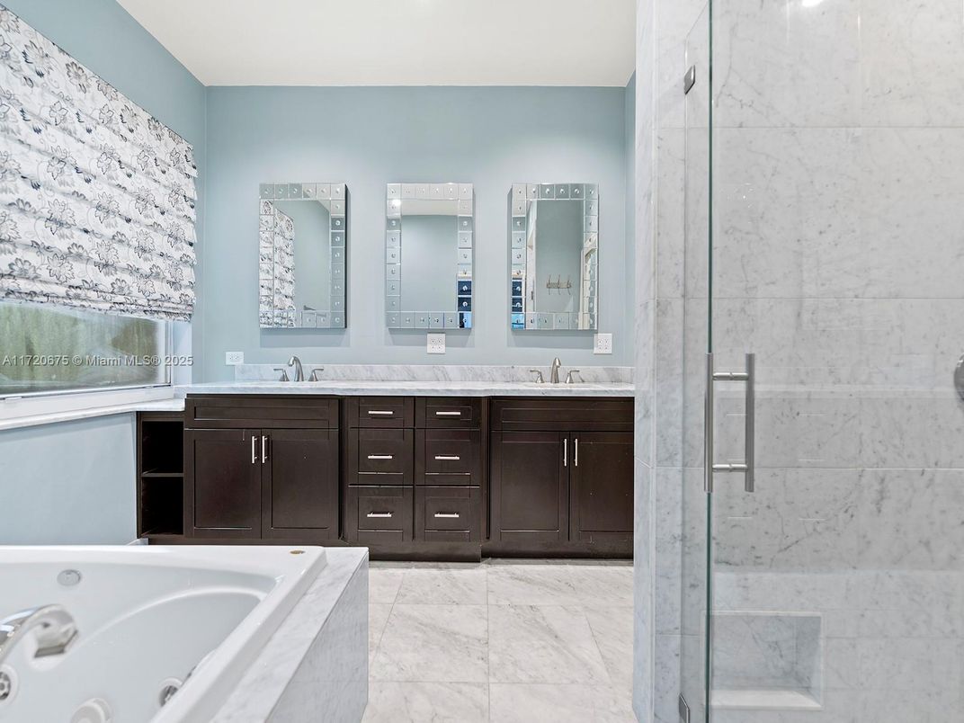 Bathroom, Dual Sink Vanities, Glass Shower, Interior, Marble, Marble Walls