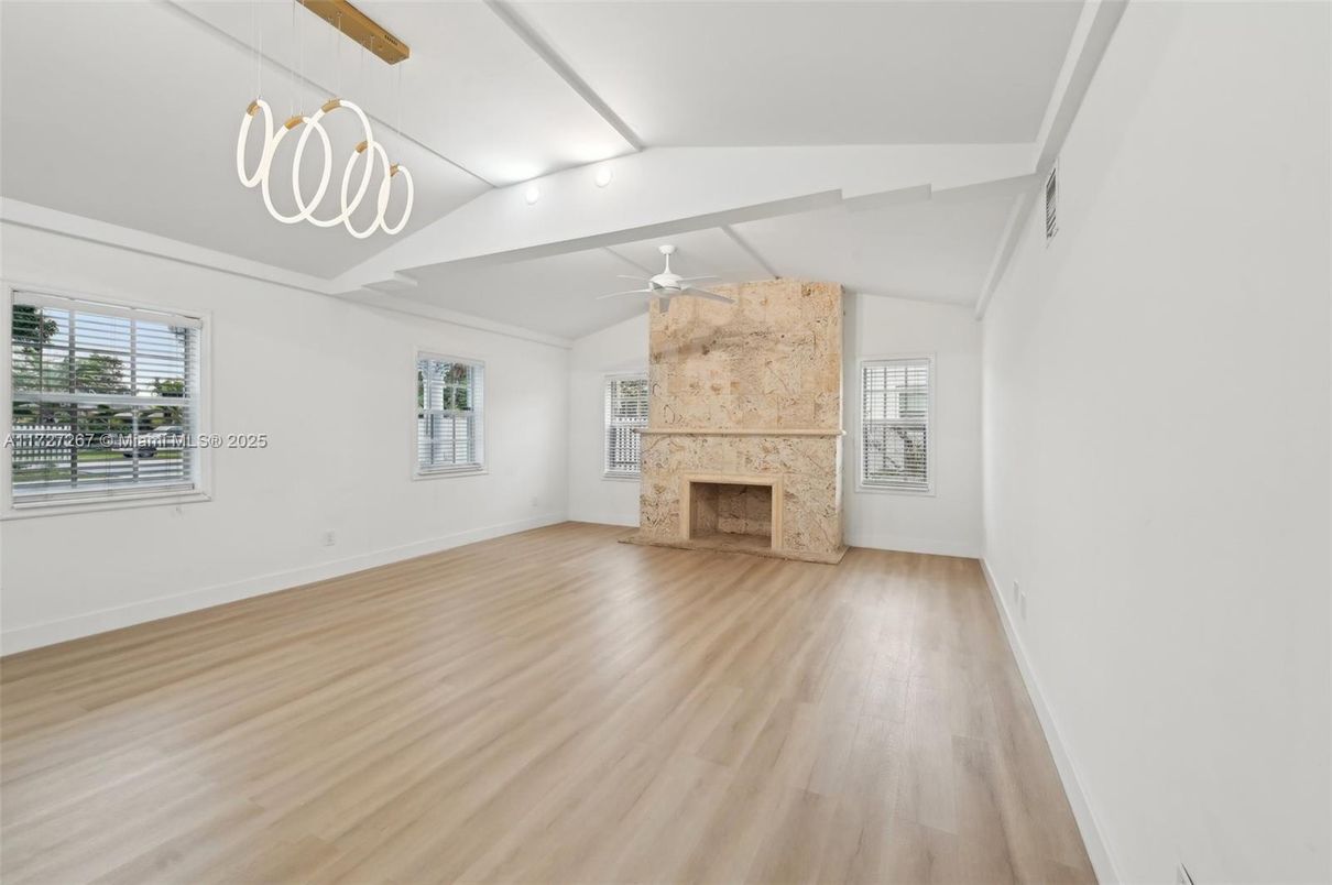 Empty room, Fireplace, Interior, Pendant Lights, Wood Texture Flooring