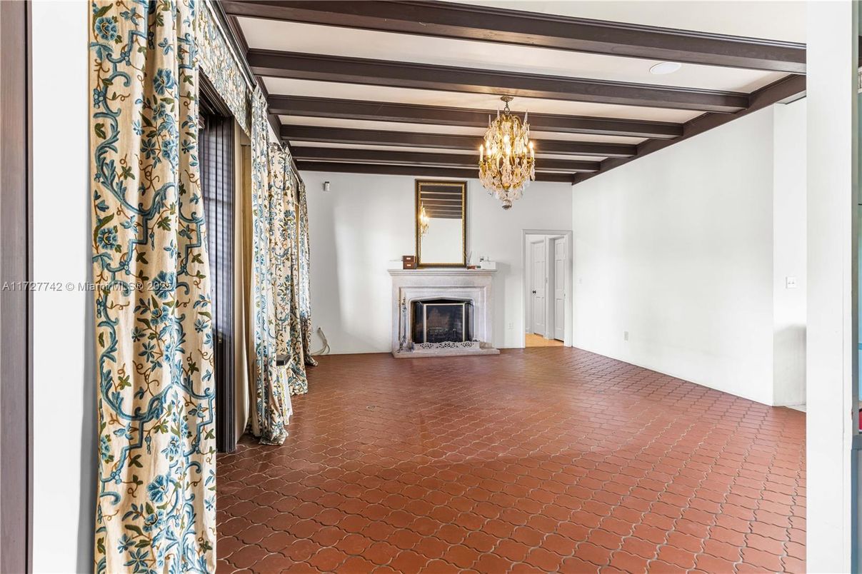 Chandelier, Empty room, Fireplace, Interior, Wooden Beams