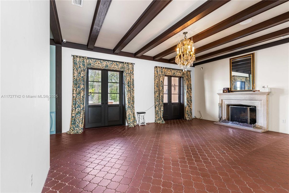 Chandelier, Empty room, Fireplace, Interior, Wooden Beams