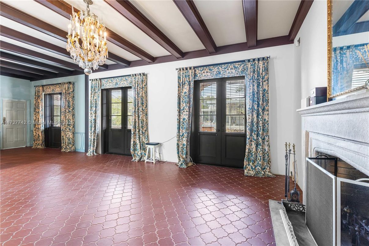 Chandelier, Empty room, Fireplace, Interior, Wooden Beams