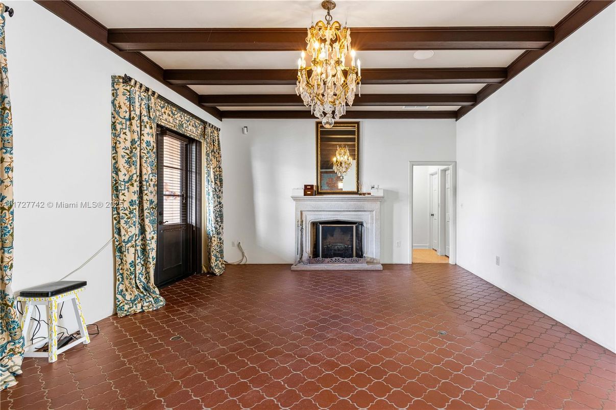 Chandelier, Empty room, Fireplace, Interior, Wooden Beams