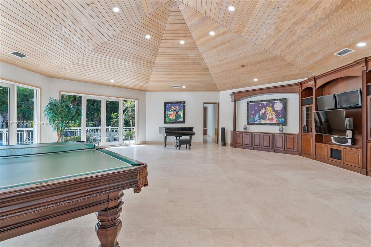 Billiard Table, Game Room, Interior, Piano, Recessed Lighting, Wooden Ceilings