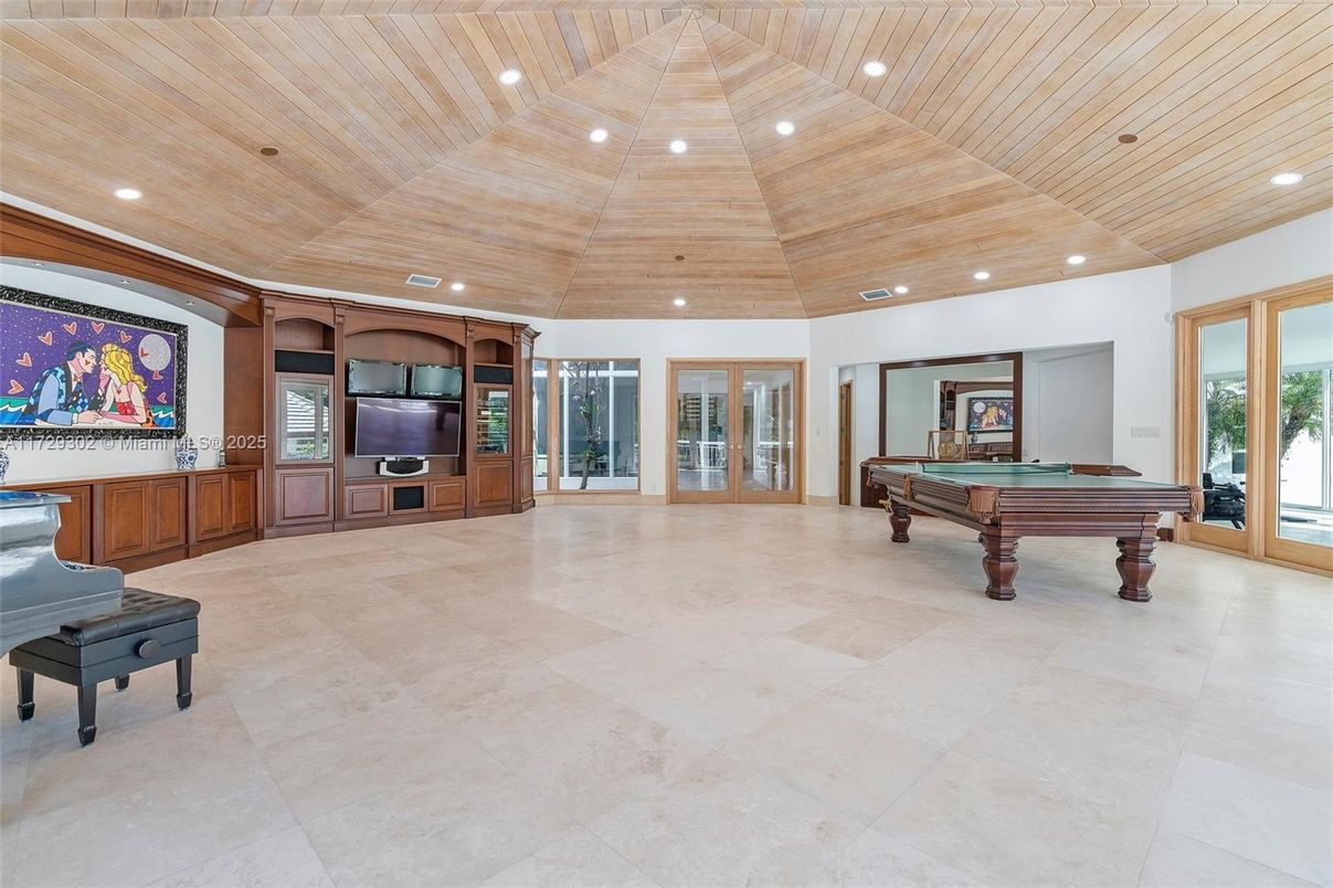 Billiard Table, Game Room, Interior, Piano, Recessed Lighting, Wooden Ceilings