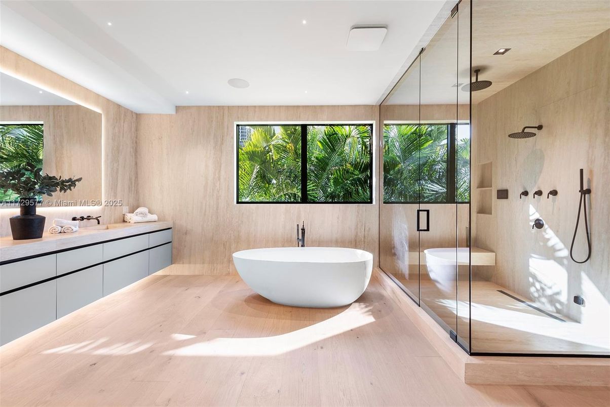 Bathroom, Dual Sink Vanities, Free Standing Baths, Glass Shower, Interior, Recessed Lighting, Wood Texture Flooring