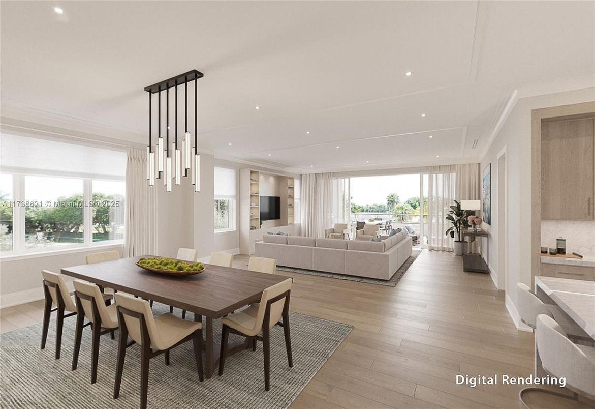 Dining room, Interior, Living room, Pendant Lights, Recessed Lighting, Wood Texture Flooring