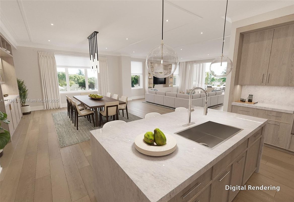 Dining room, Interior, Kitchen, Pendant Lights, Recessed Lighting, Wood Texture Flooring