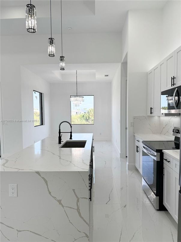 Interior, Kitchen, Marble, Pendant Lights