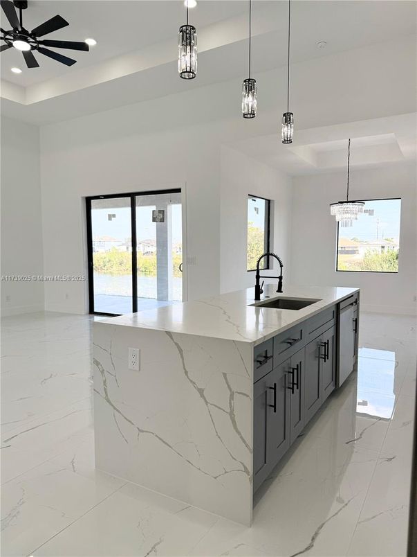 Interior, Kitchen, Marble, Pendant Lights, Recessed Lighting