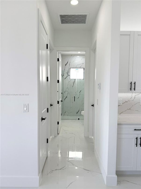 Bathroom, Glass Shower, Interior, Marble, Marble Walls, Recessed Lighting