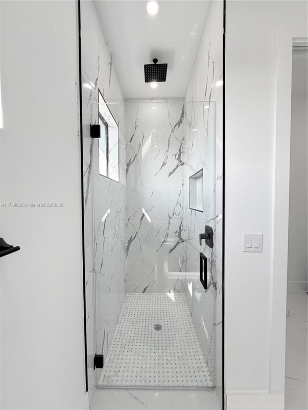 Bathroom, Glass Shower, Interior, Marble Walls, Recessed Lighting