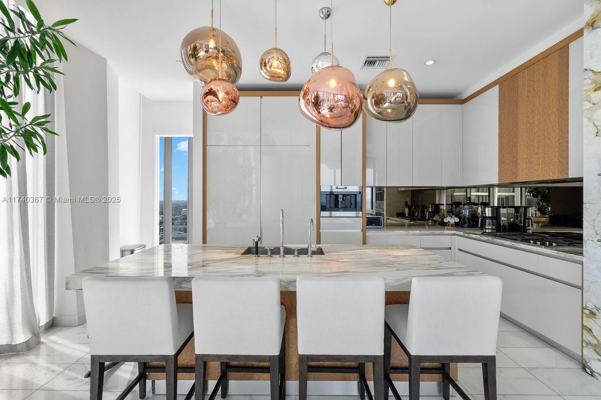 Interior, Kitchen, Marble, Pendant Lights, Recessed Lighting, Stainless Steel Appliances