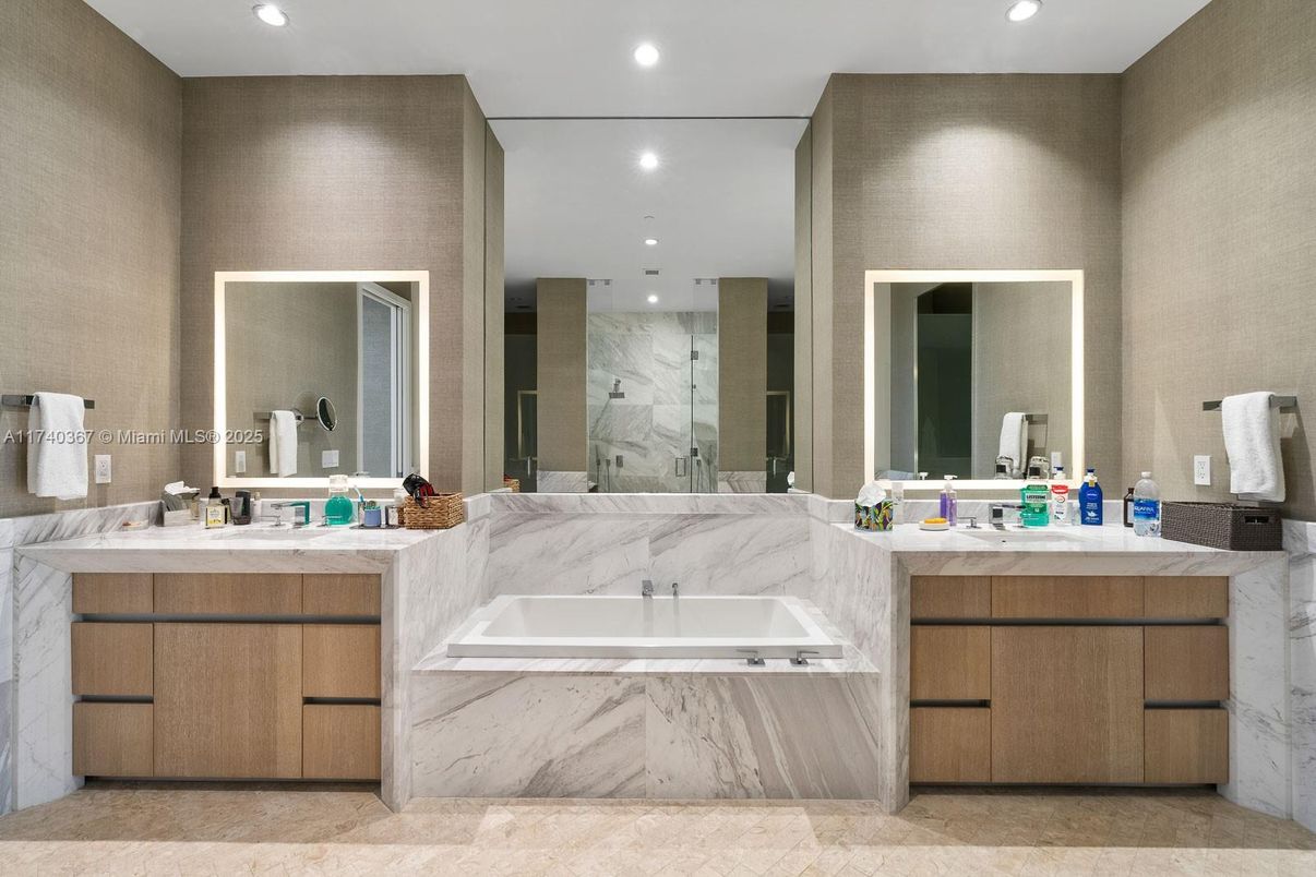Bathroom, Dual Sink Vanities, Interior, Marble Walls, Recessed Lighting