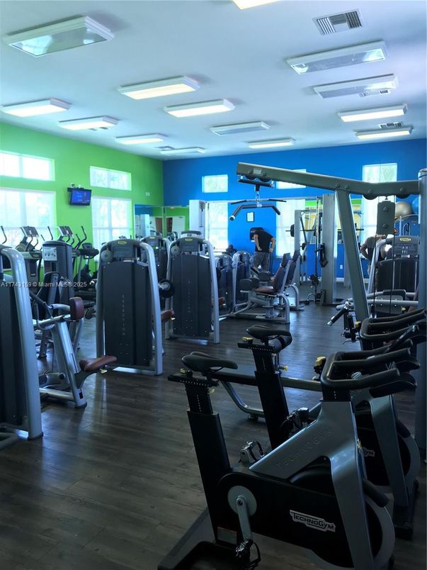 Fitness Equipment, Gym, Interior, Recessed Lighting, Wood Texture Flooring
