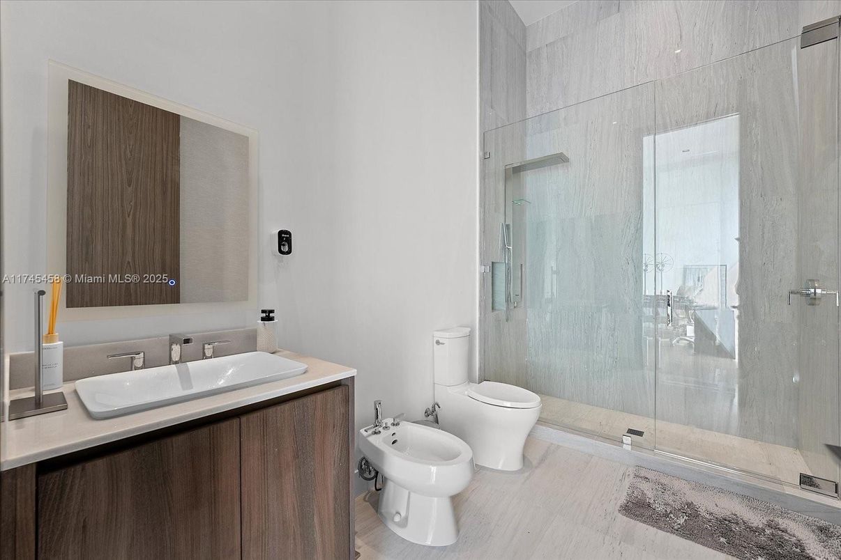 Bathroom, Glass Shower, Interior, Wood Texture Flooring