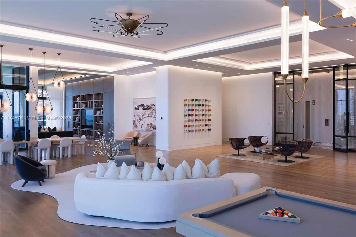 Billiard Table, Dining room, Game Room, Interior, Living room, Pendant Lights, Recessed Lighting, Wood Texture Flooring