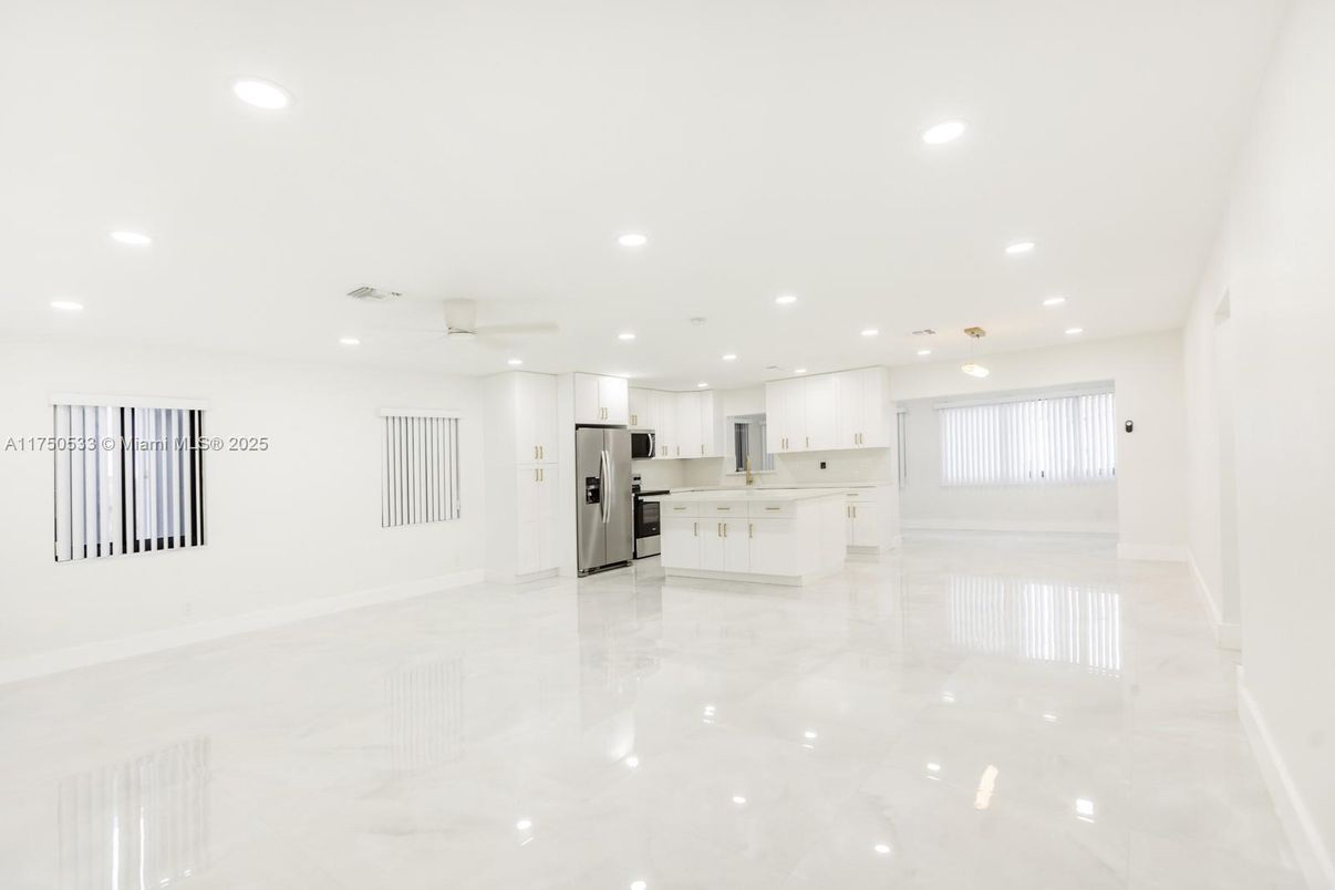 Empty room, Interior, Kitchen, Recessed Lighting, Stainless Steel Appliances
