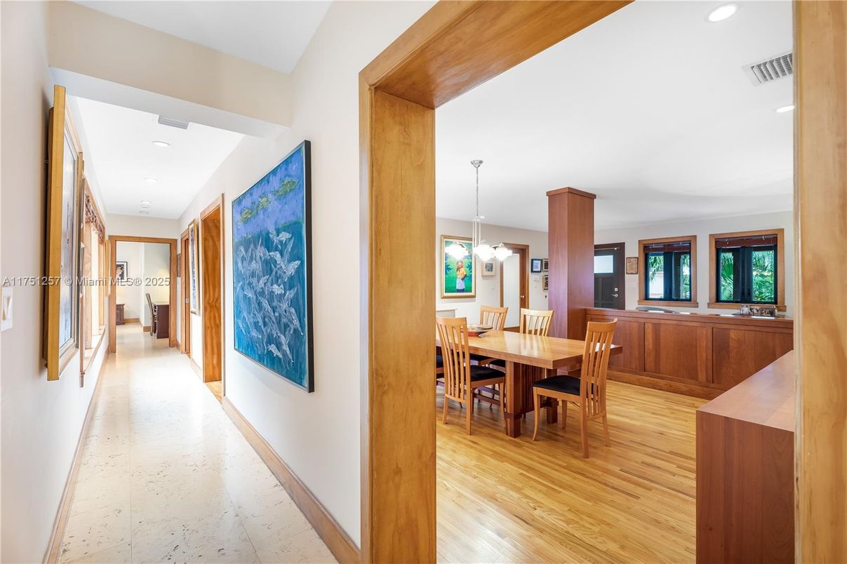 Dining room, Interior, Pendant Lights, Recessed Lighting, Wood Texture Flooring