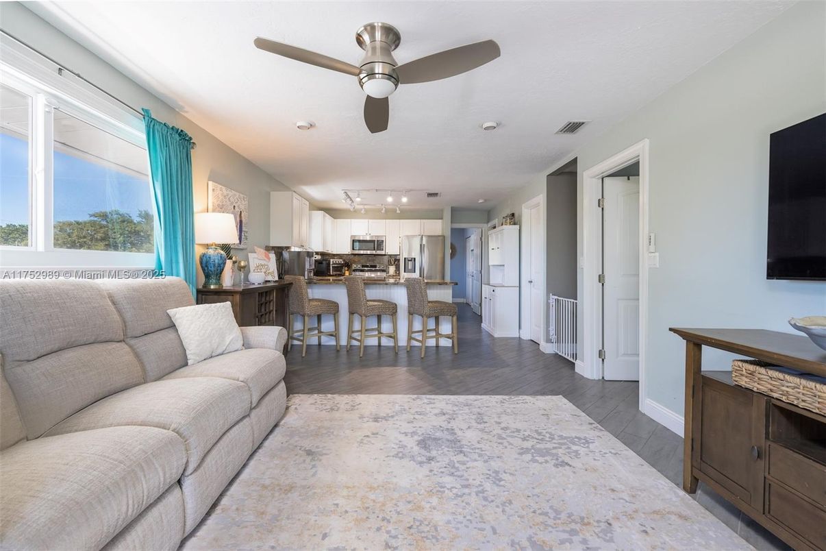 Interior, Kitchen, Living room, Recessed Lighting, Stainless Steel Appliances, Wood Texture Flooring