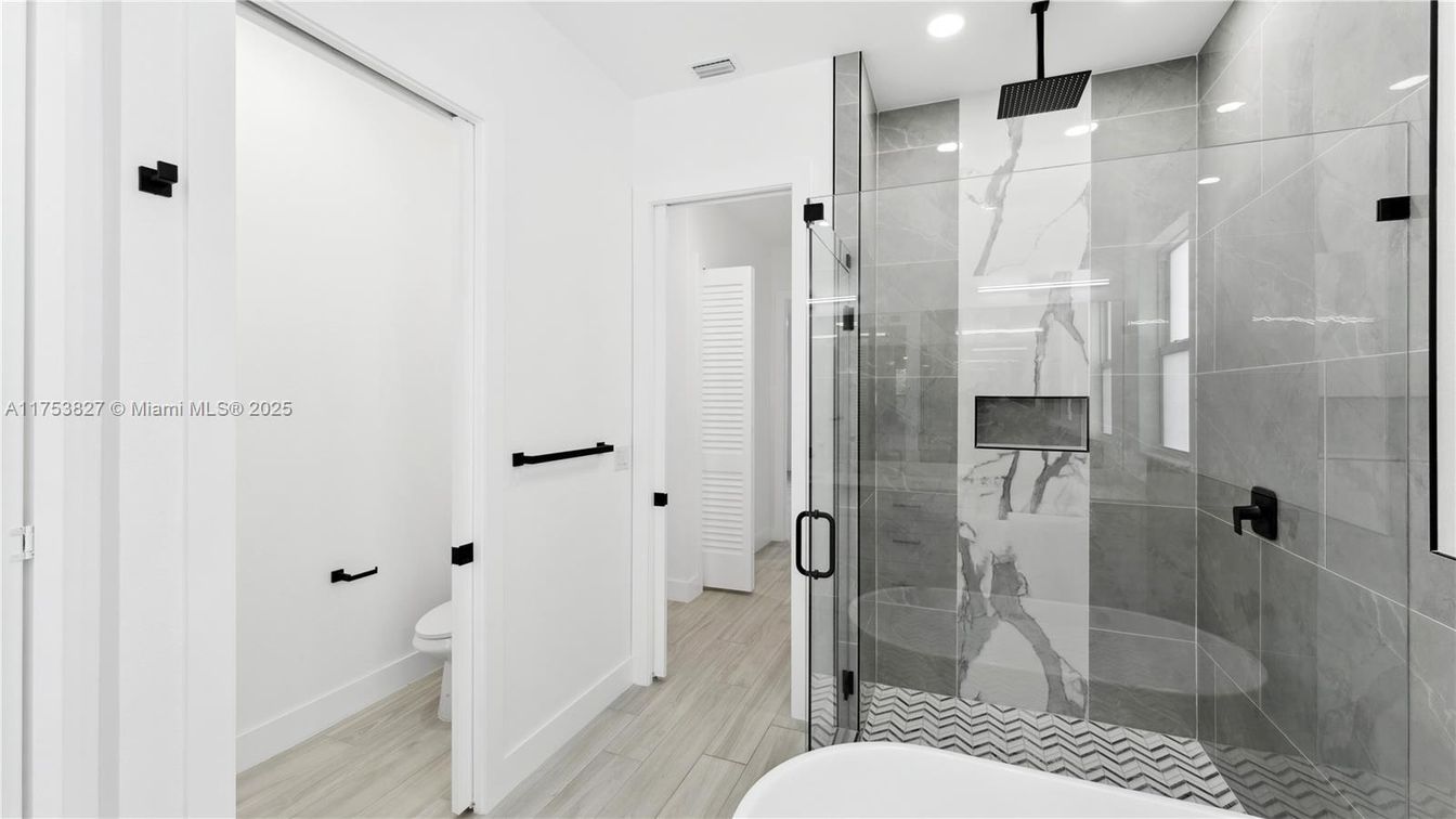 Bathroom, Glass Shower, Interior, Recessed Lighting, Wood Texture Flooring