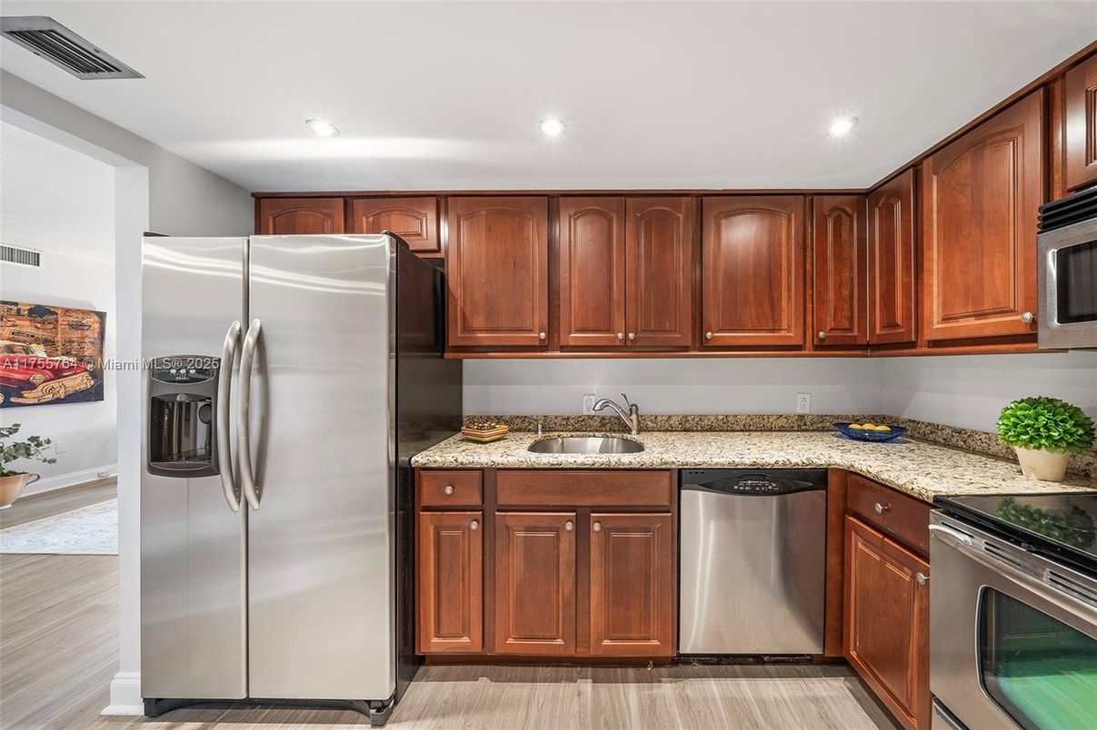 Interior, Kitchen, Recessed Lighting, Stainless Steel Appliances, Wood Texture Flooring