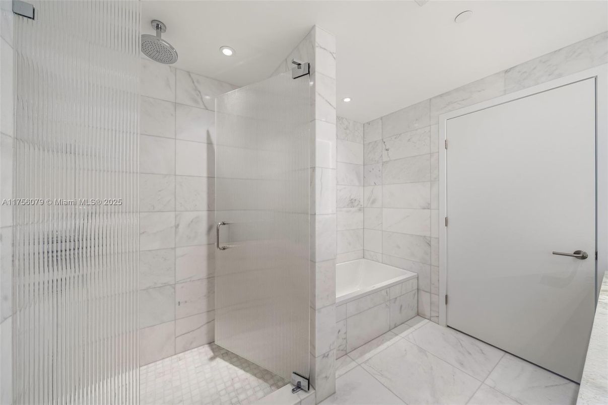 Bathroom, Glass Shower, Interior, Marble, Marble Walls, Recessed Lighting