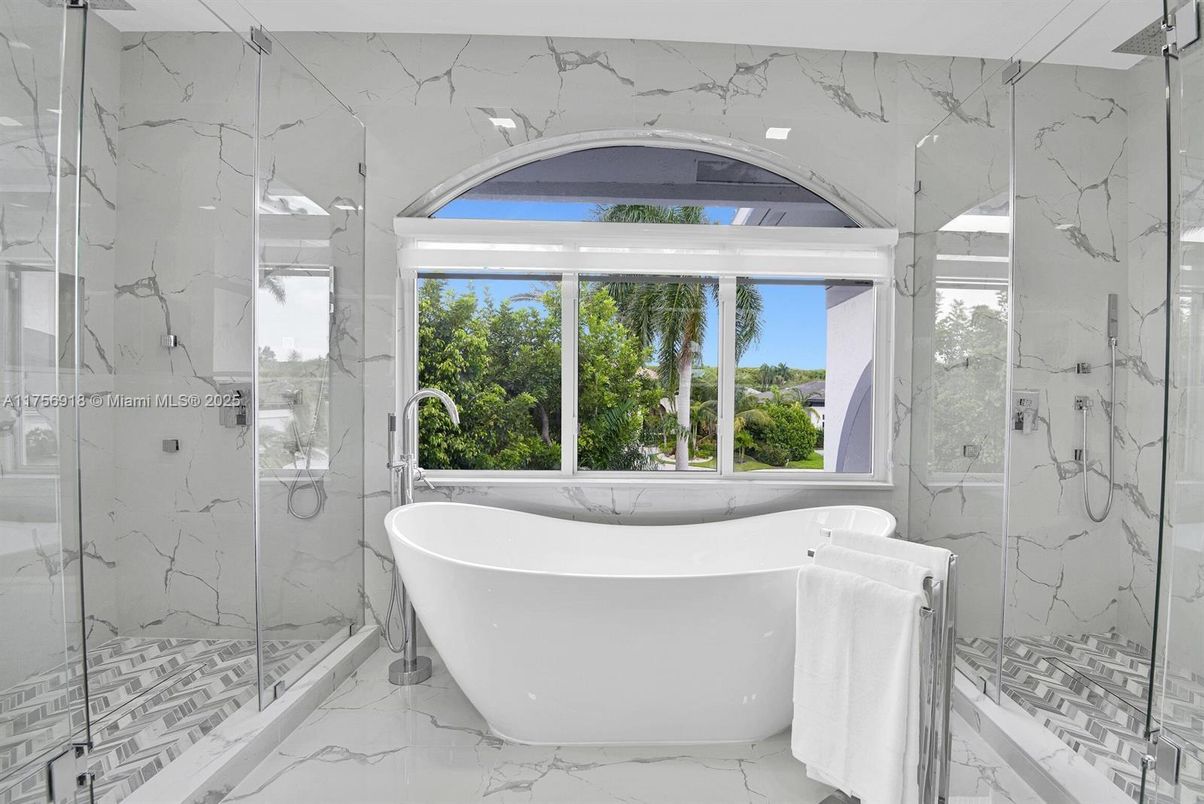 Bathroom, Free Standing Baths, Glass Shower, Interior, Marble, Marble Walls