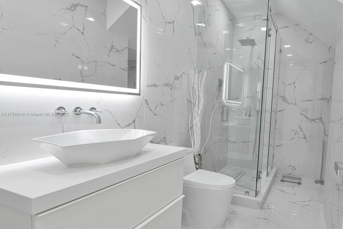 Bathroom, Glass Shower, Interior, Marble, Marble Walls, Recessed Lighting