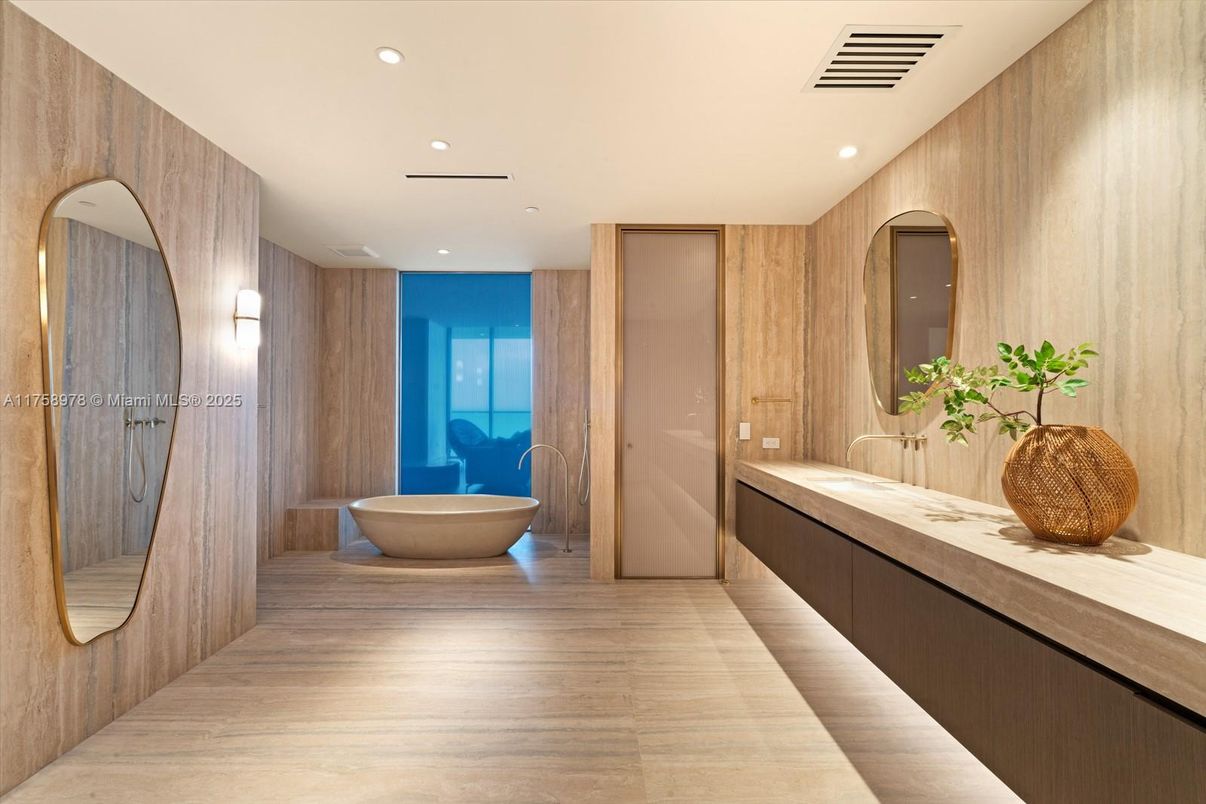 Bathroom, Dual Sink Vanities, Free Standing Baths, Interior, Recessed Lighting, Wood Texture Flooring, Wooden Walls