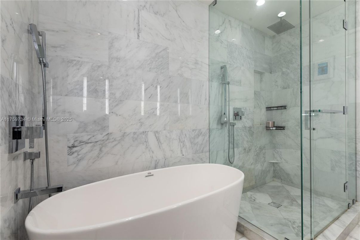 Bathroom, Free Standing Baths, Glass Shower, Interior, Marble Walls, Recessed Lighting