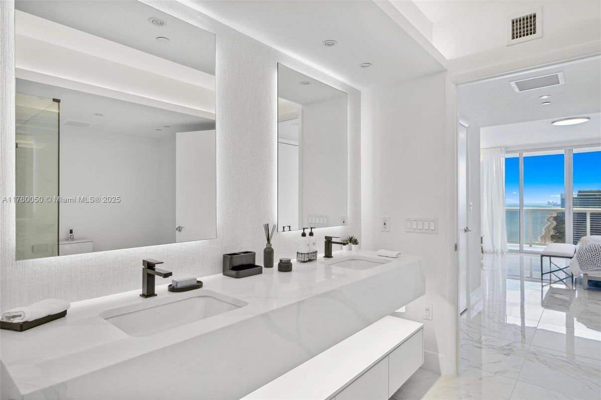 Bathroom, Dual Sink Vanities, Glass Shower, Interior, Marble, Recessed Lighting