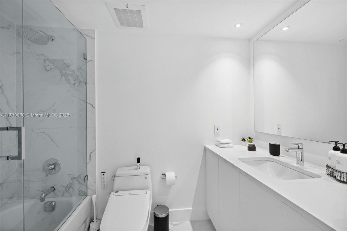 Bathroom, Glass Shower, Interior, Marble Walls, Recessed Lighting