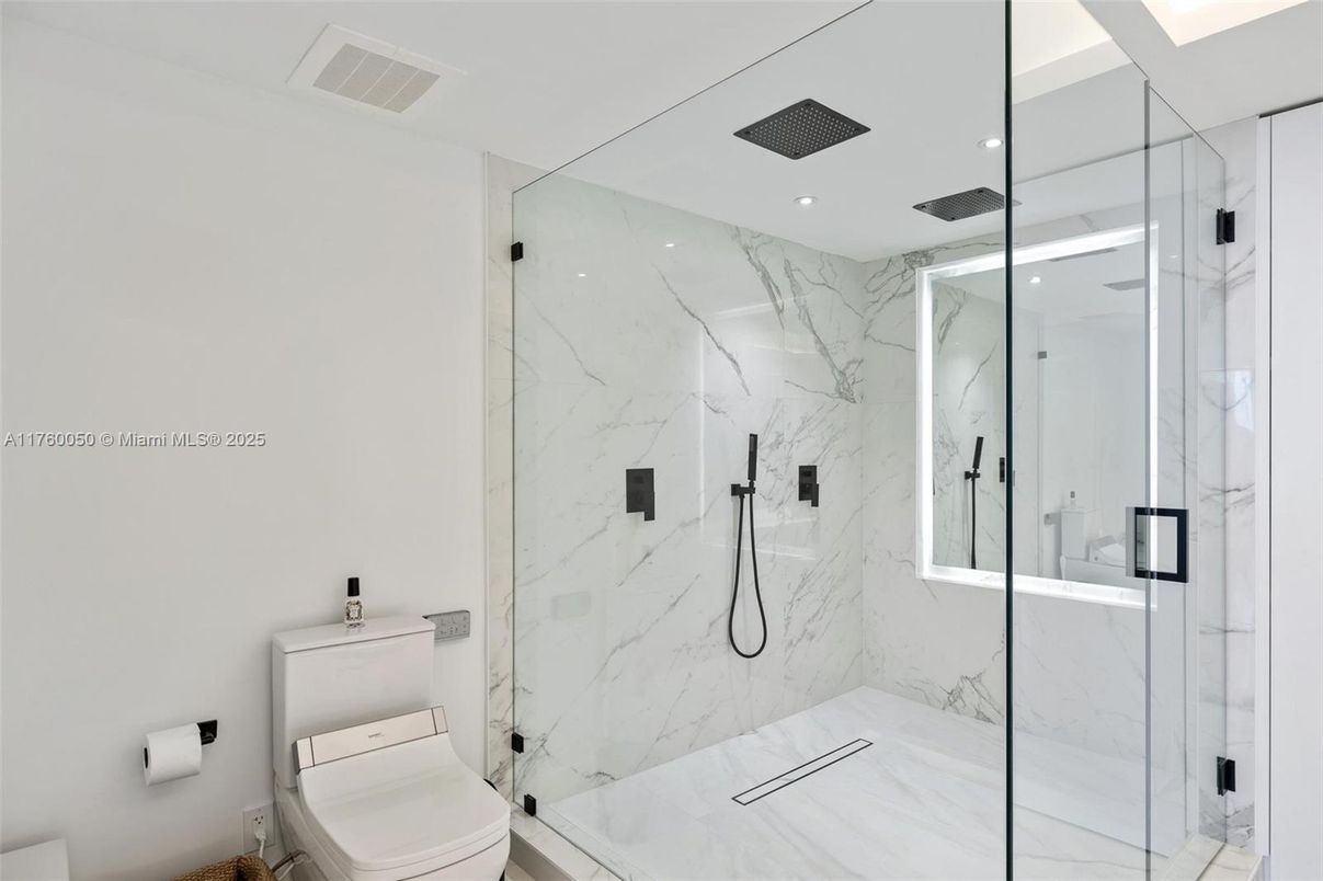 Bathroom, Glass Shower, Interior, Marble Walls, Recessed Lighting