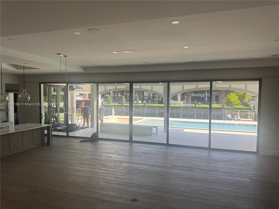 Empty room, Interior, Pendant Lights, Recessed Lighting, Wood Texture Flooring