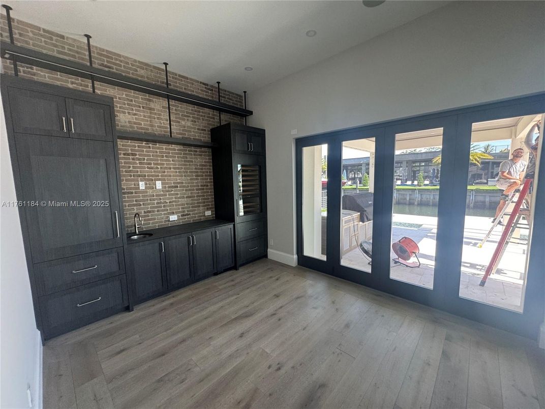 Empty room, Interior, Recessed Lighting, Stone Walls, Wood Texture Flooring