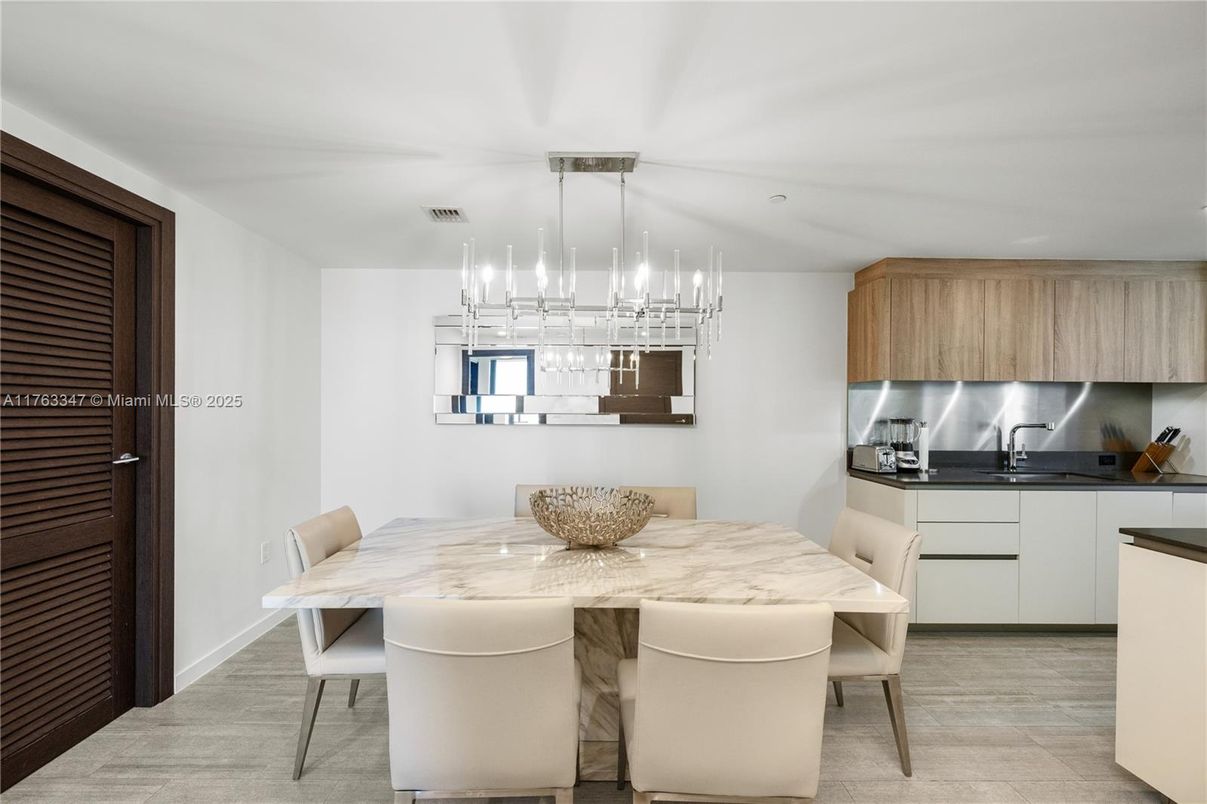 Dining room, Interior, Kitchen, Pendant Lights, Stainless Steel Appliances, Wood Texture Flooring