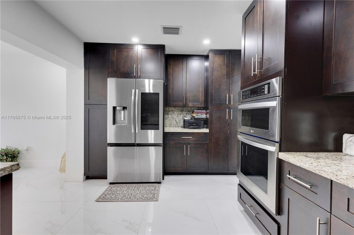 Interior, Kitchen, Marble, Recessed Lighting, Stainless Steel Appliances